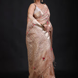 Peach and Gold Tissue Silk Saree with Floral Hand Embroidered Embellishment Front