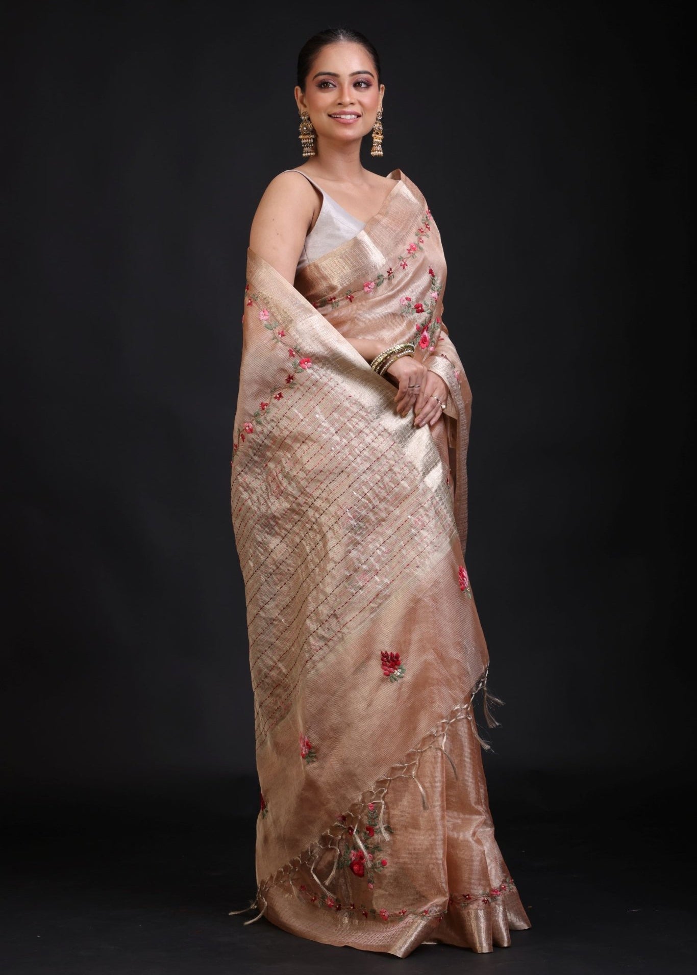 Peach and Gold Tissue Silk Saree with Floral Hand Embroidered Embellishment - Anvi Couture
