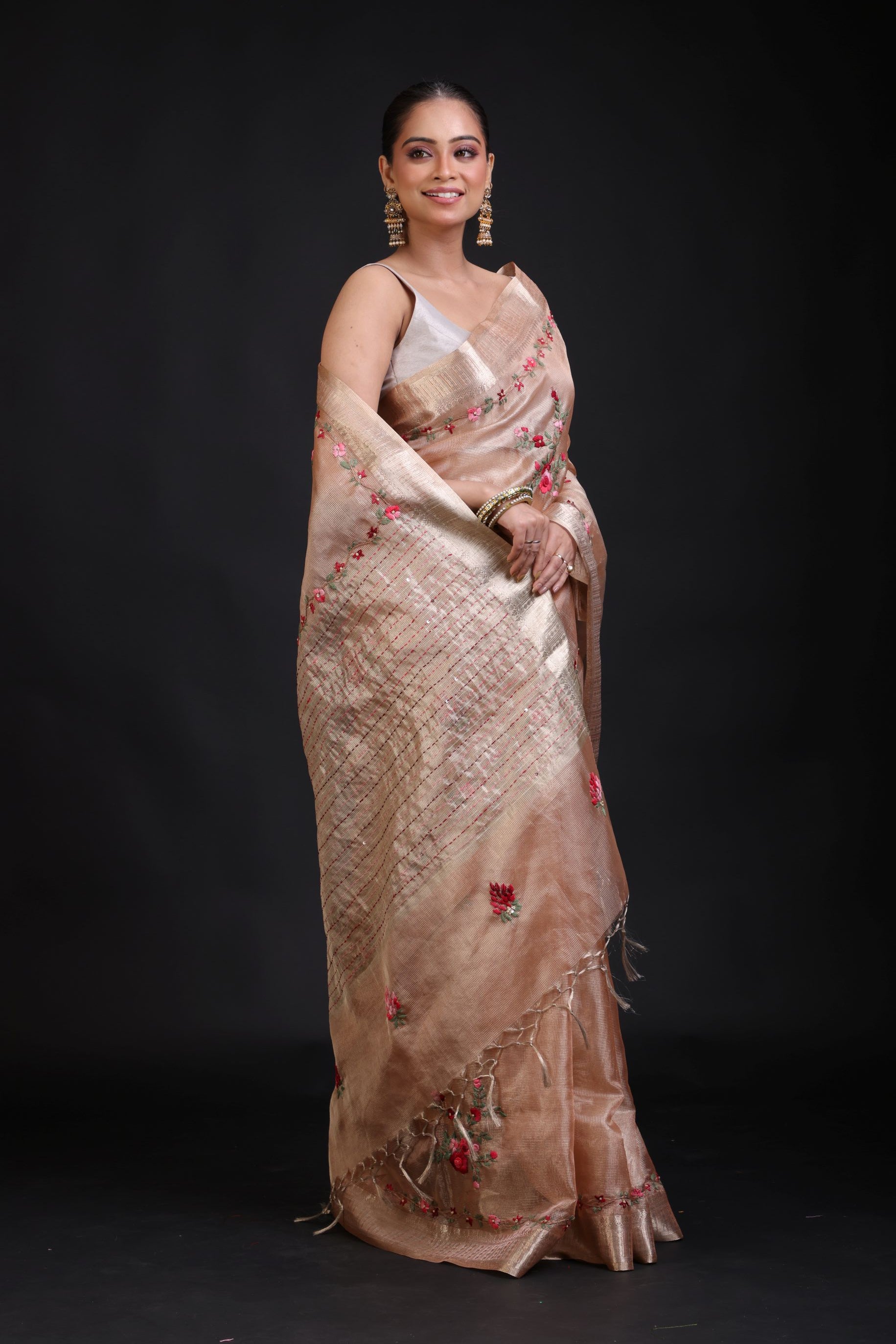 Peach and Gold Tissue Silk Saree with Floral Hand Embroidered Embellishment Front