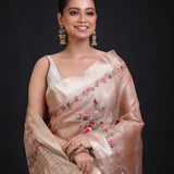 Peach and Gold Tissue Silk Saree with Floral Hand Embroidered Embellishment close up