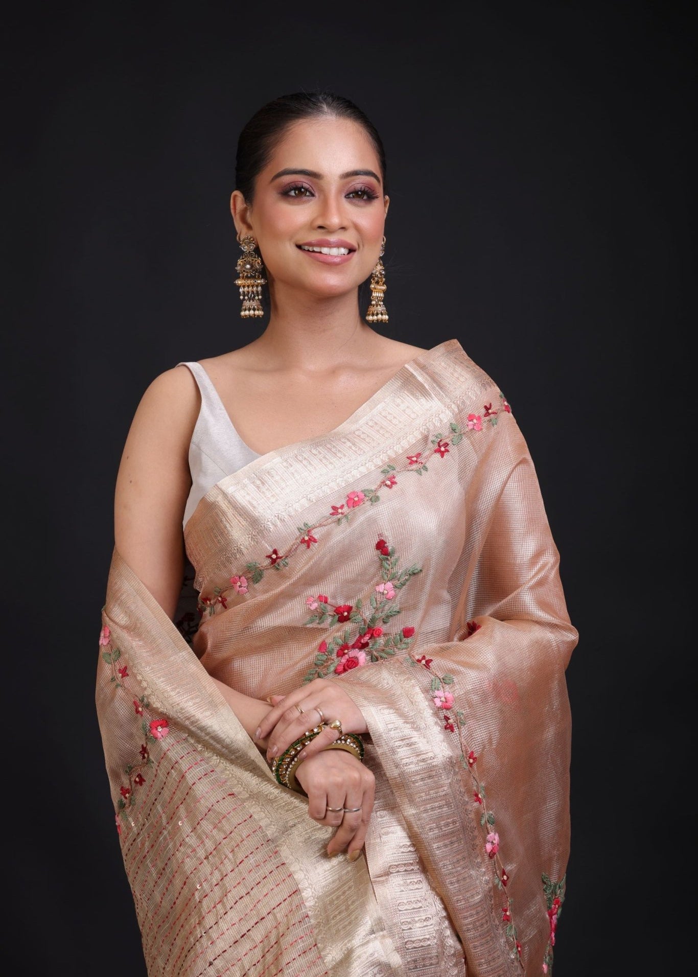 Peach and Gold Tissue Silk Saree with Floral Hand Embroidered Embellishment - Anvi Couture