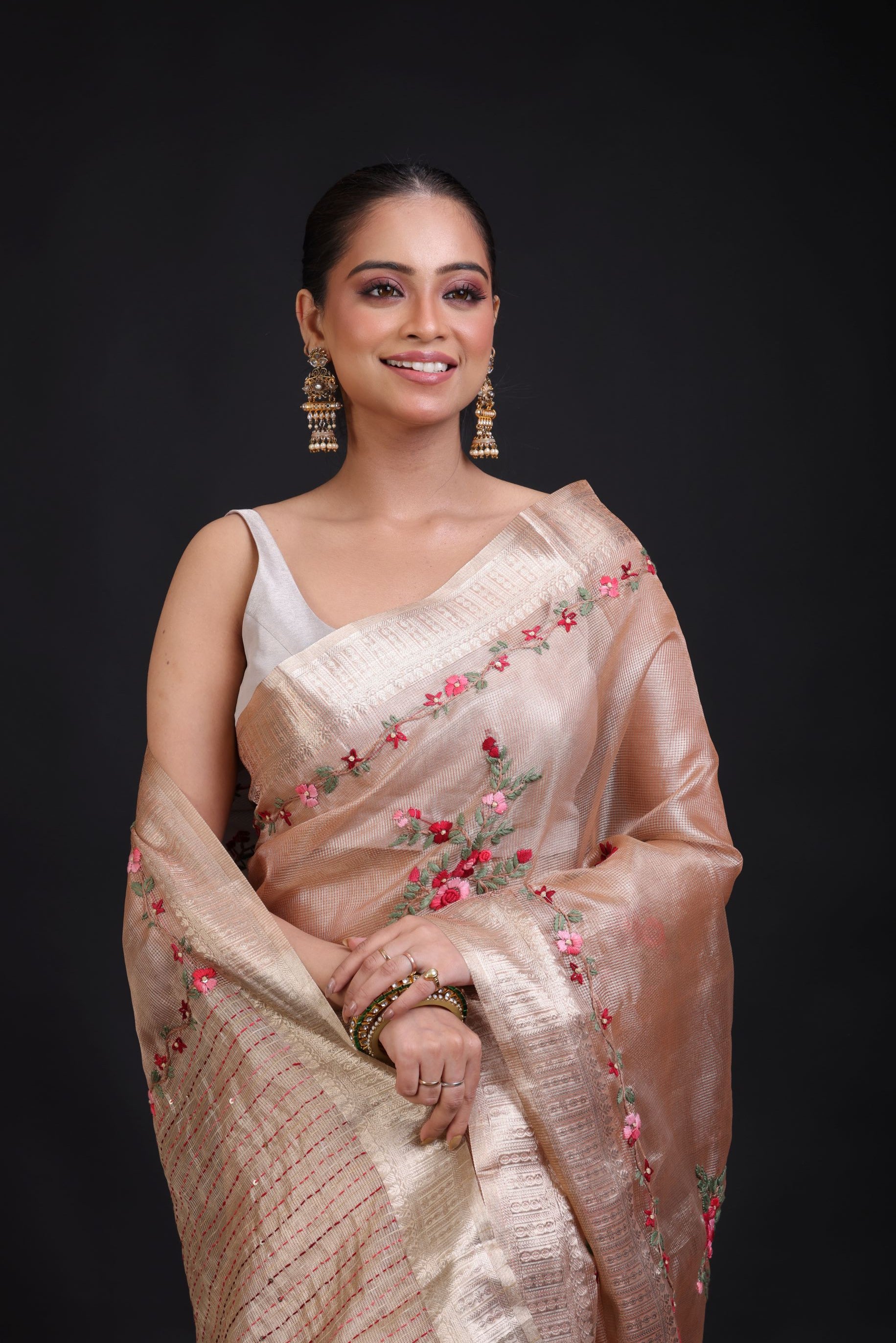 Peach and Gold Tissue Silk Saree with Floral Hand Embroidered Embellishment close up