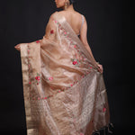 Peach and Gold Tissue Silk Saree with Floral Hand Embroidered Embellishment Back