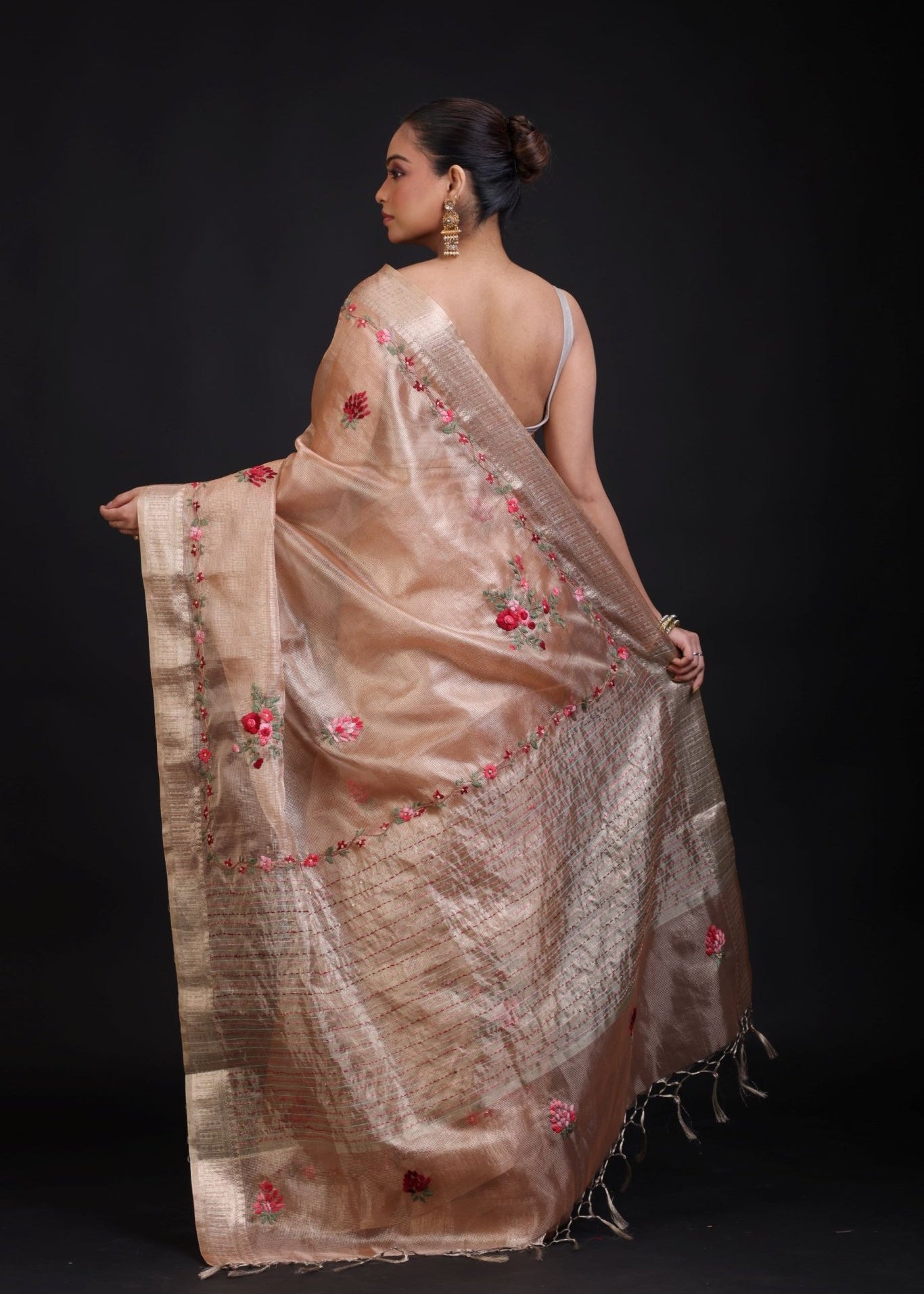 Peach and Gold Tissue Silk Saree with Floral Hand Embroidered Embellishment - Anvi Couture