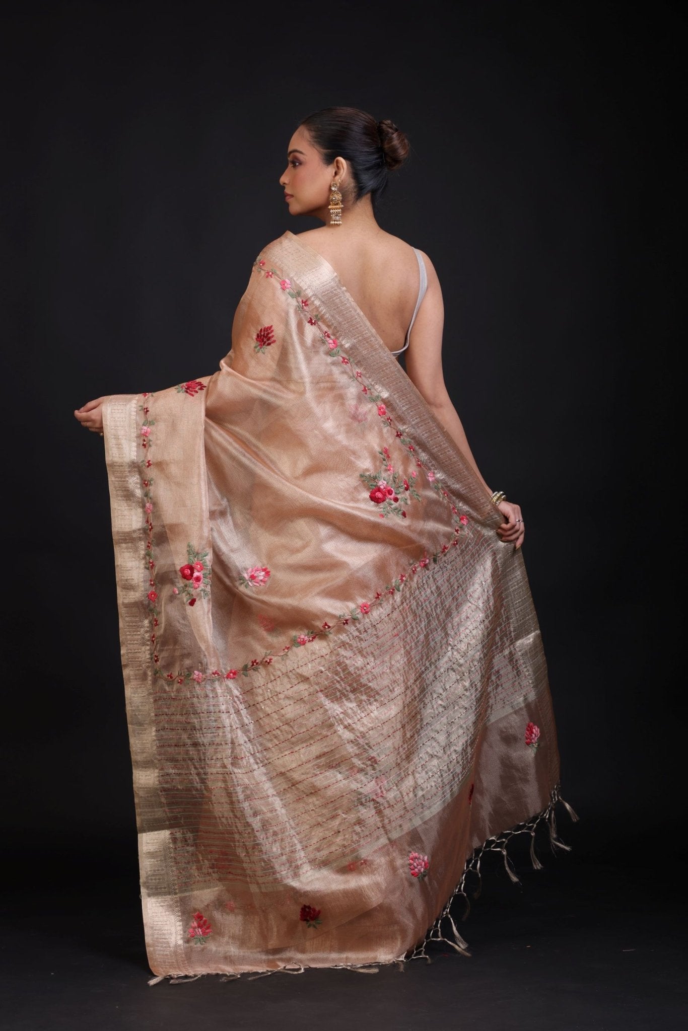Peach and Gold Tissue Silk Saree with Floral Hand Embroidered Embellishment - Anvi Couture