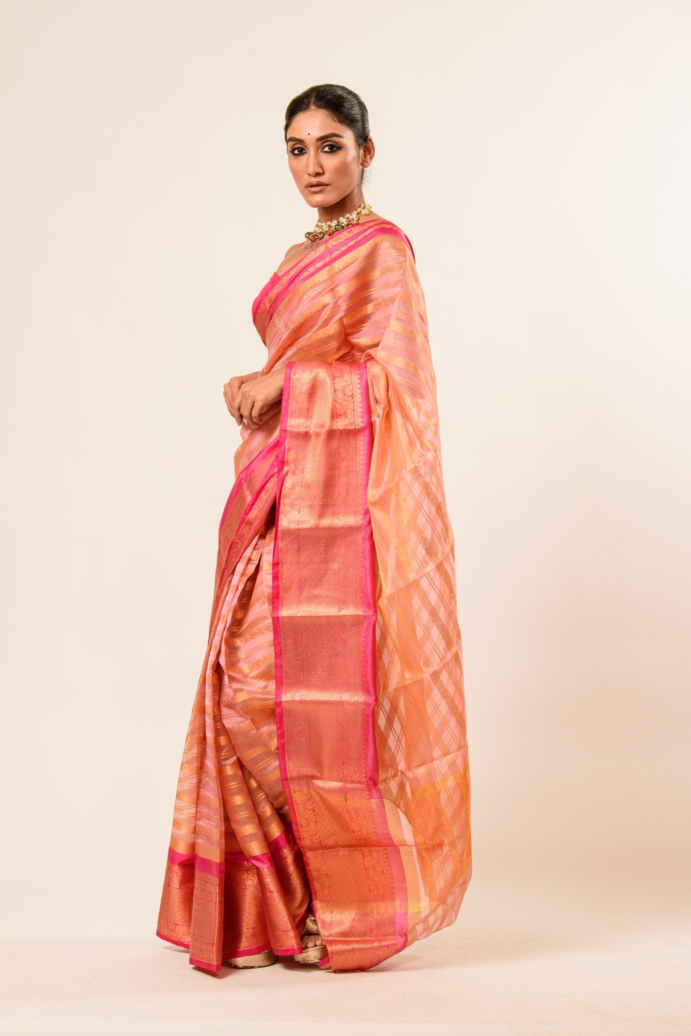 Pink and Gold Border Handloom Silk Organza Saree 