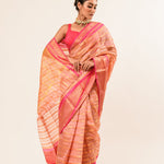 Peach with Pink and Gold Border Handloom Organza Saree