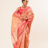 Peach with Pink and Gold Border Handloom Organza Saree