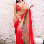 Peach and Red Georgette Saree Blouse set with Floral Embroidered Lace full