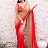 Peach and Red Georgette Saree Blouse set with Floral Embroidered Lace full