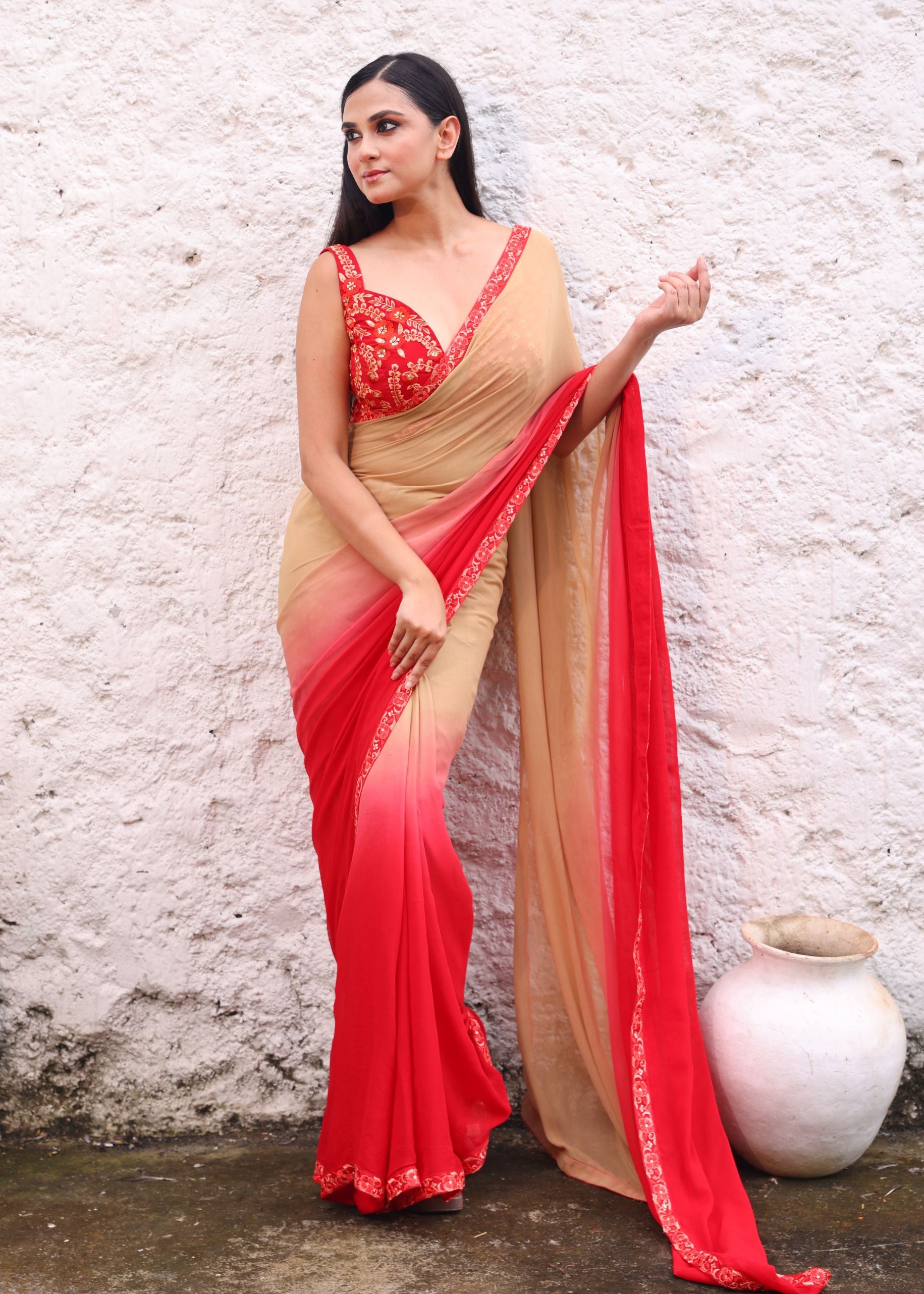 Peach and Red Georgette Saree Blouse set with Floral Embroidered Lace full