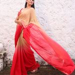 Peach and Red Georgette Saree Blouse set with Floral Embroidered Lace front