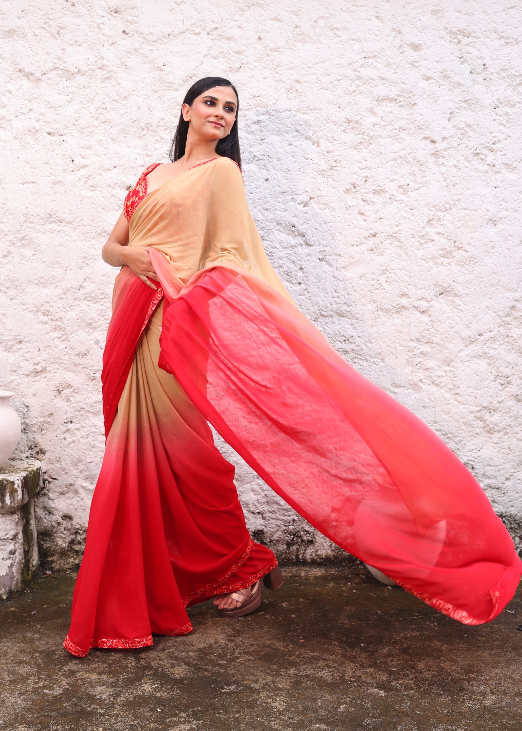 Peach and Red Georgette Saree Blouse set with Floral Embroidered Lace front