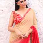 Peach and Red Georgette Saree Blouse set with Floral Embroidered Lace close up