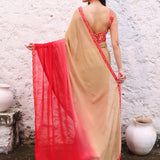 Peach and Red Georgette Saree Blouse set with Floral Embroidered Lace back