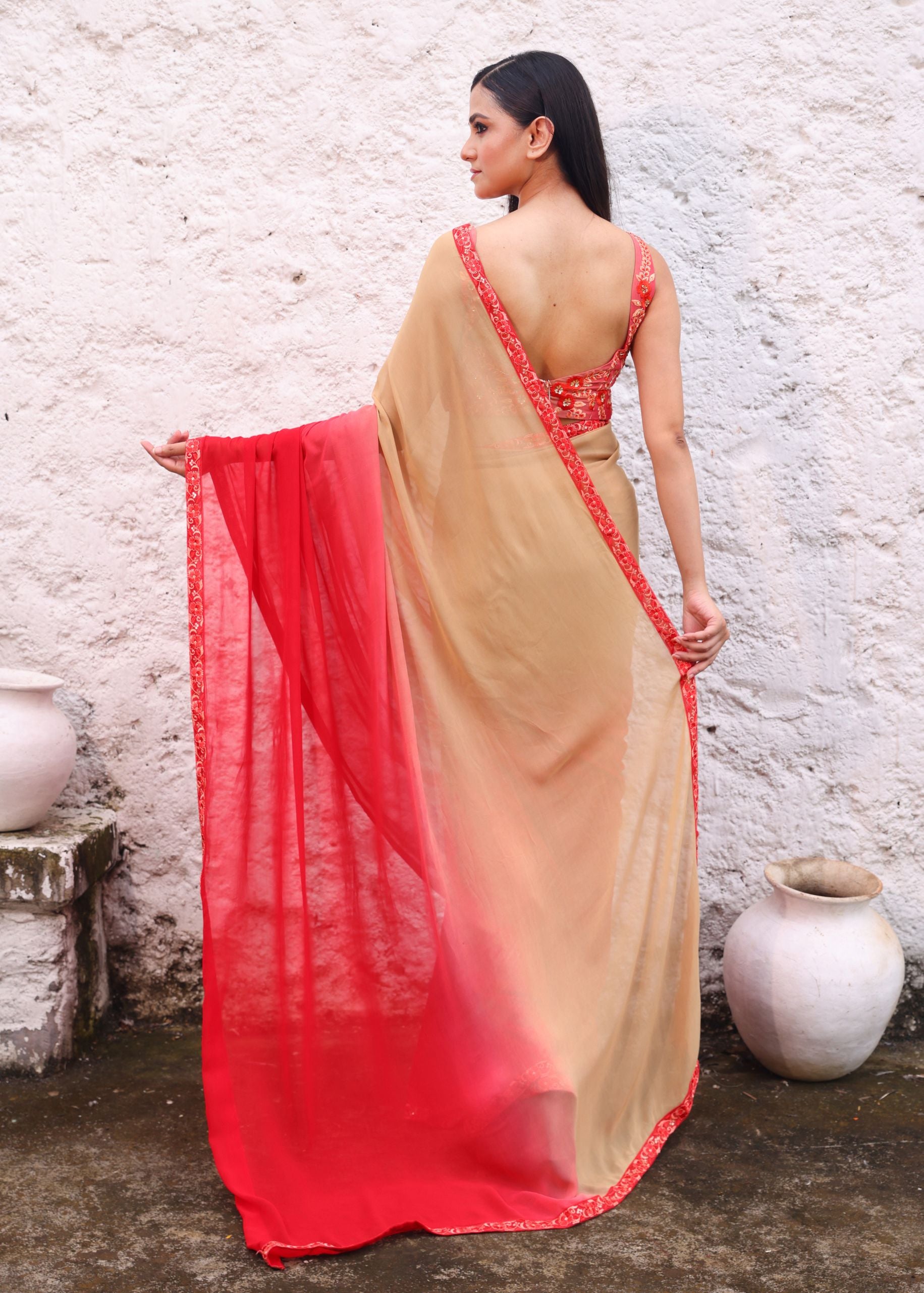 Peach and Red Georgette Saree Blouse set with Floral Embroidered Lace back
