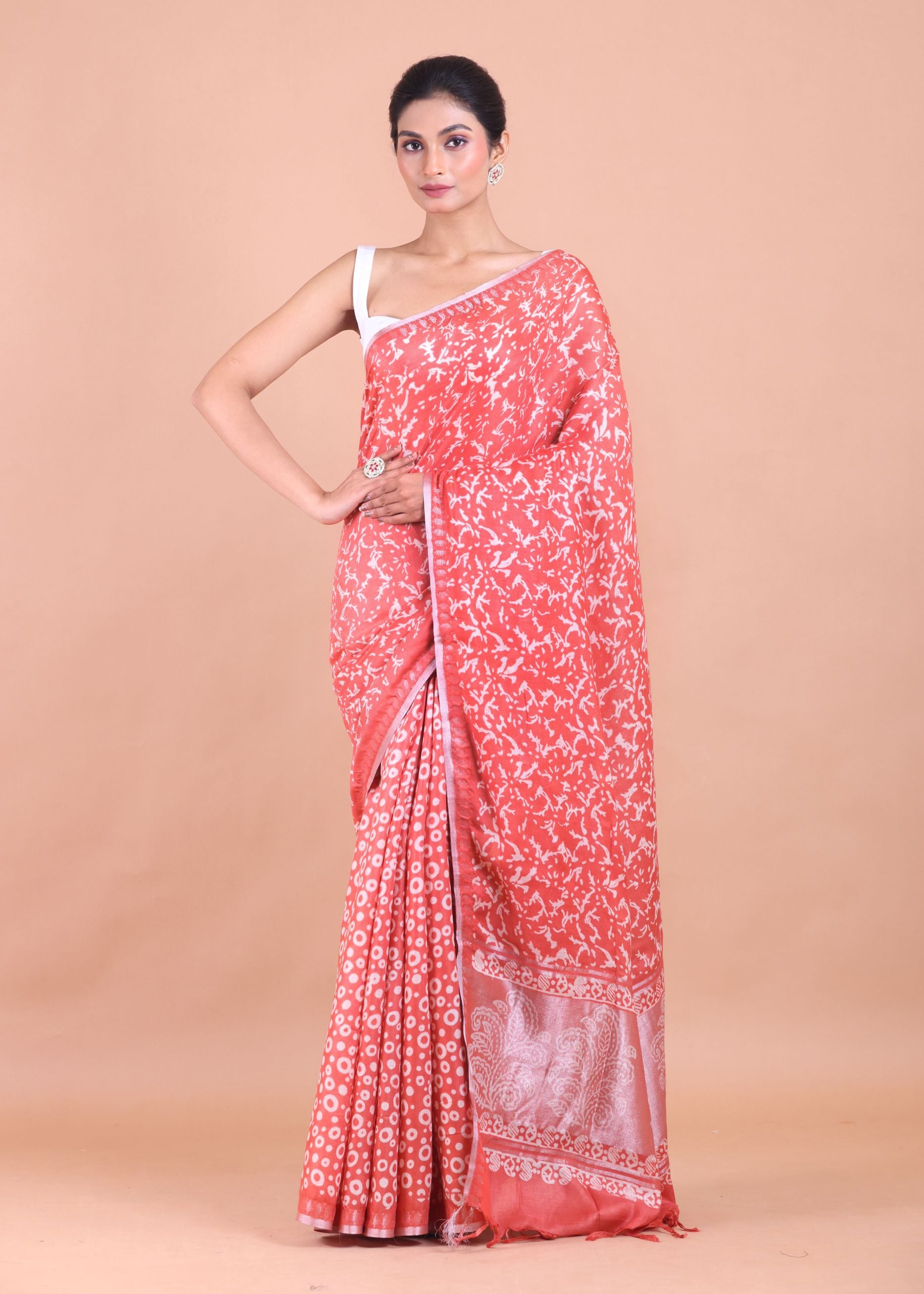 Peach and White Cotton Silk Printed Saree Full view