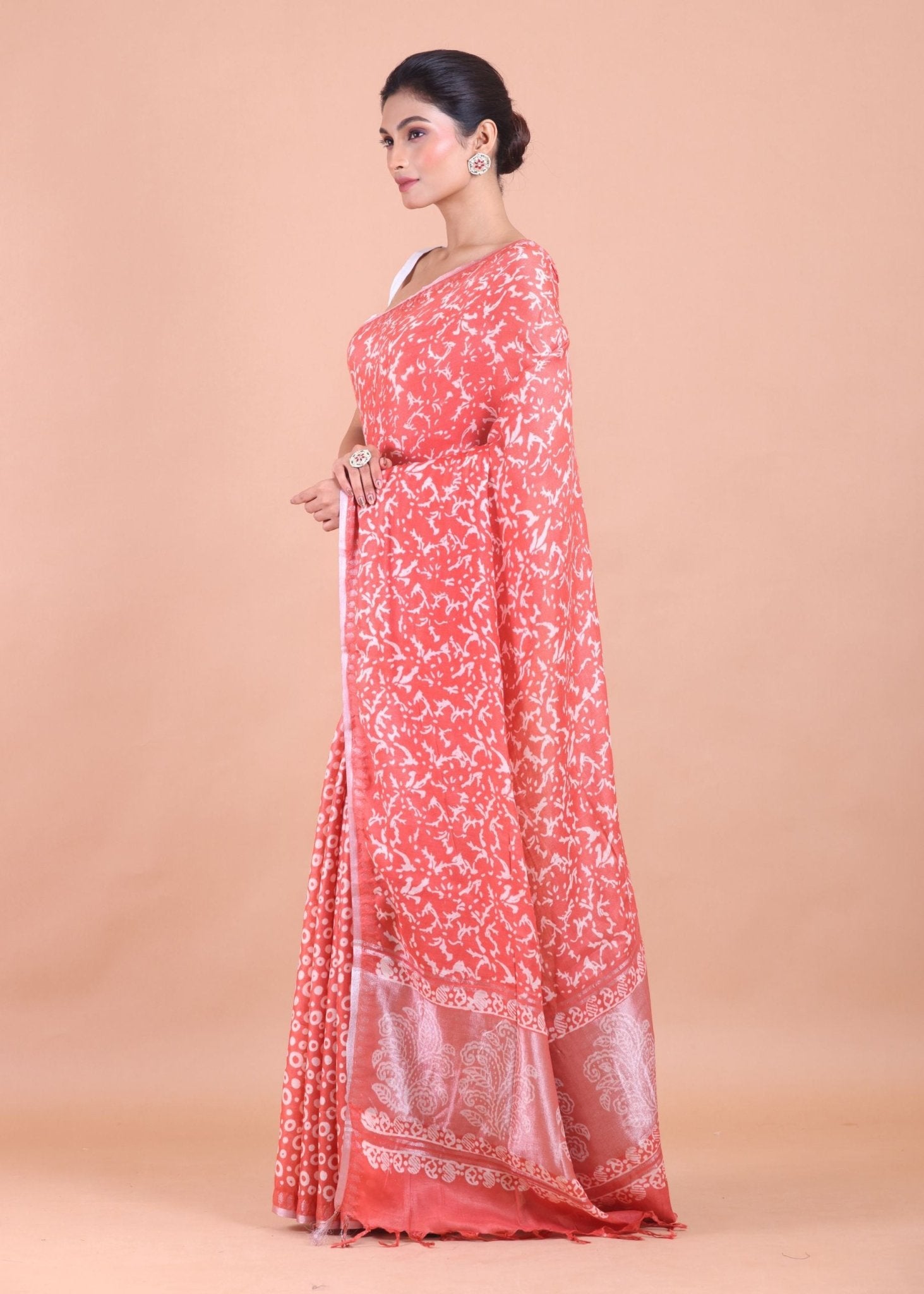 Peach and White Cotton Silk Printed Saree - Anvi Couture