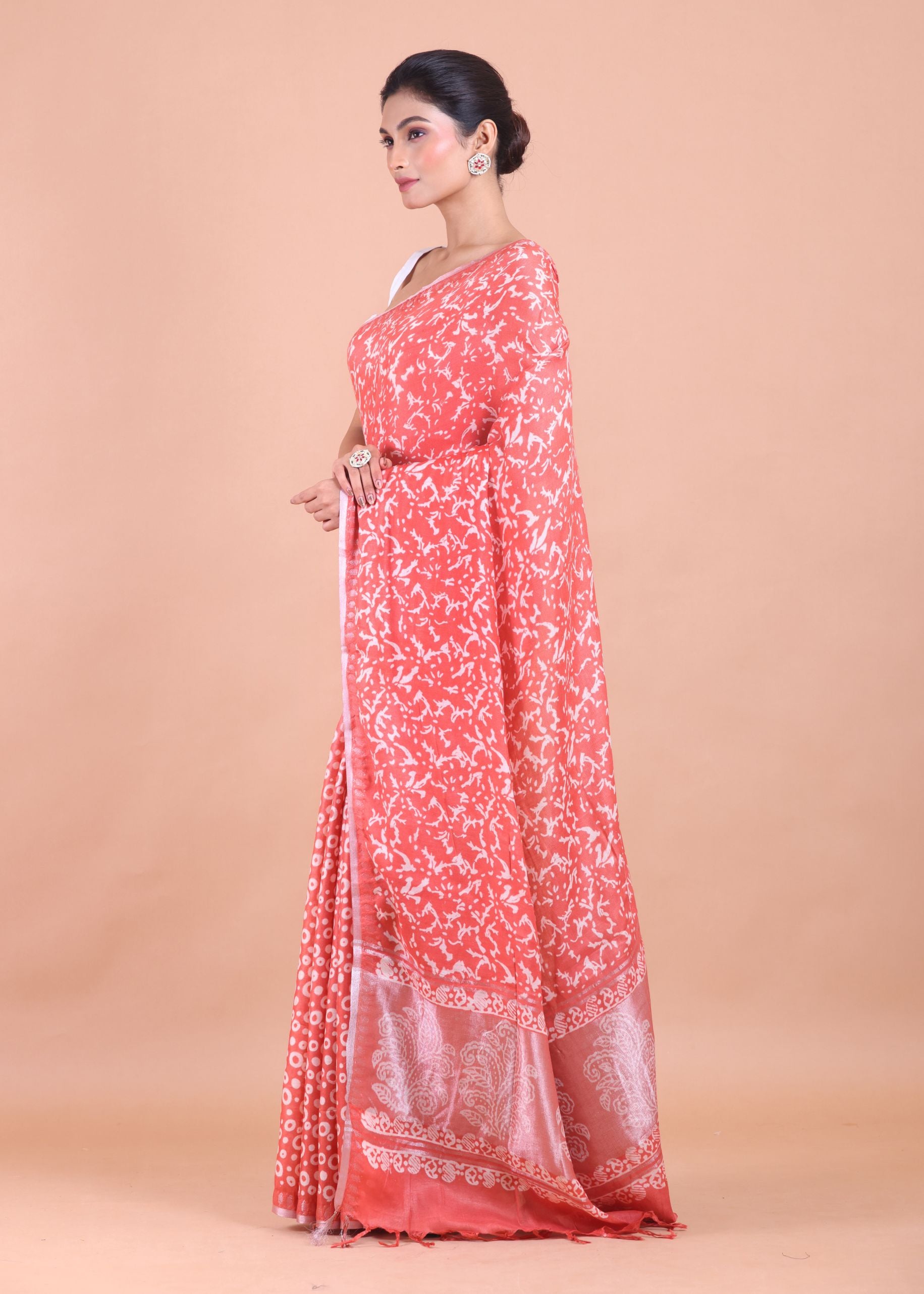 Peach and White Cotton Silk Printed Saree Side View