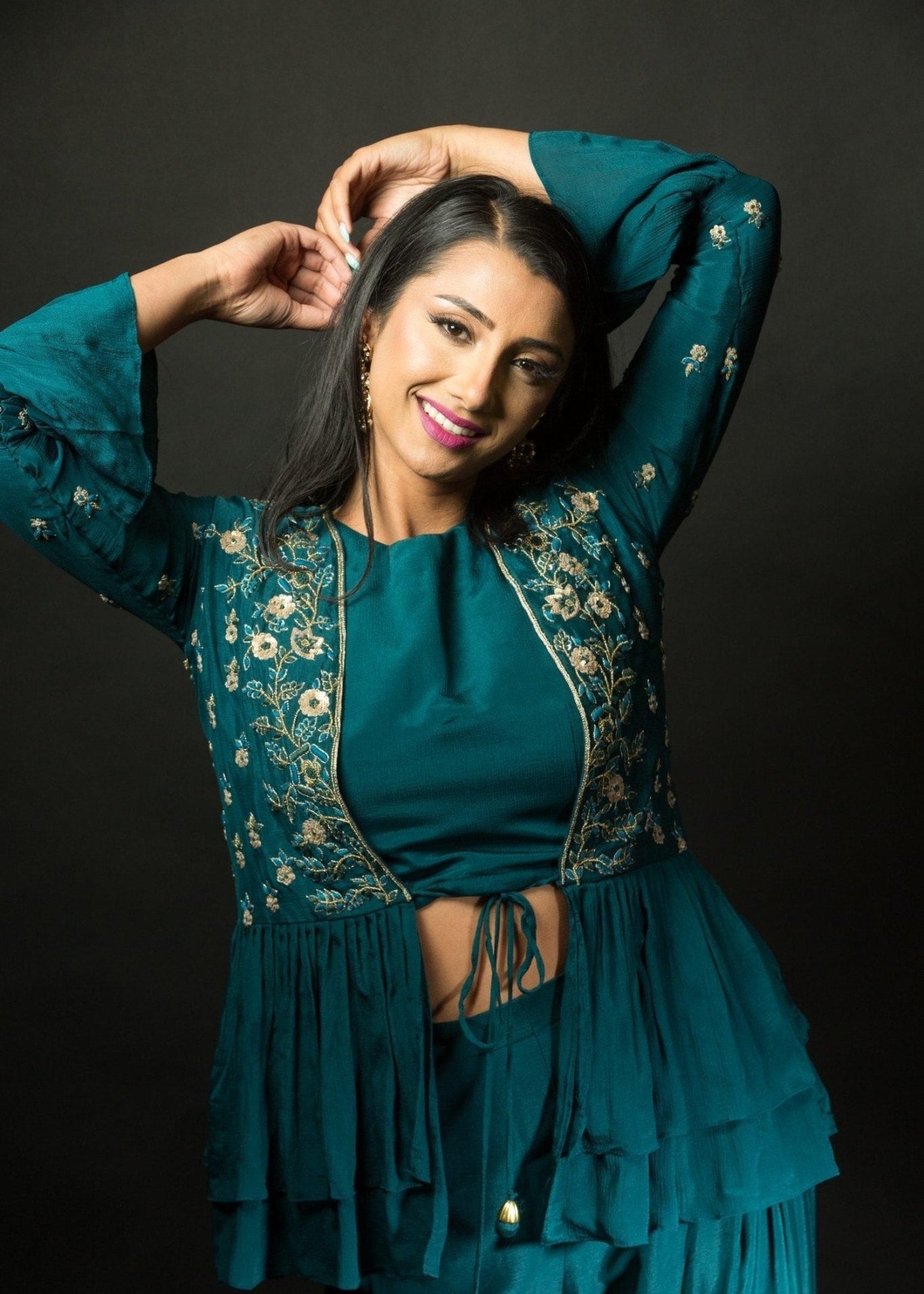 Peacock Blue Embroidered Sharara set with Jacket - Anvi Couture