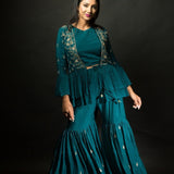 Peacock Blue Embroidered Sharara set with Jacket - Anvi Couture