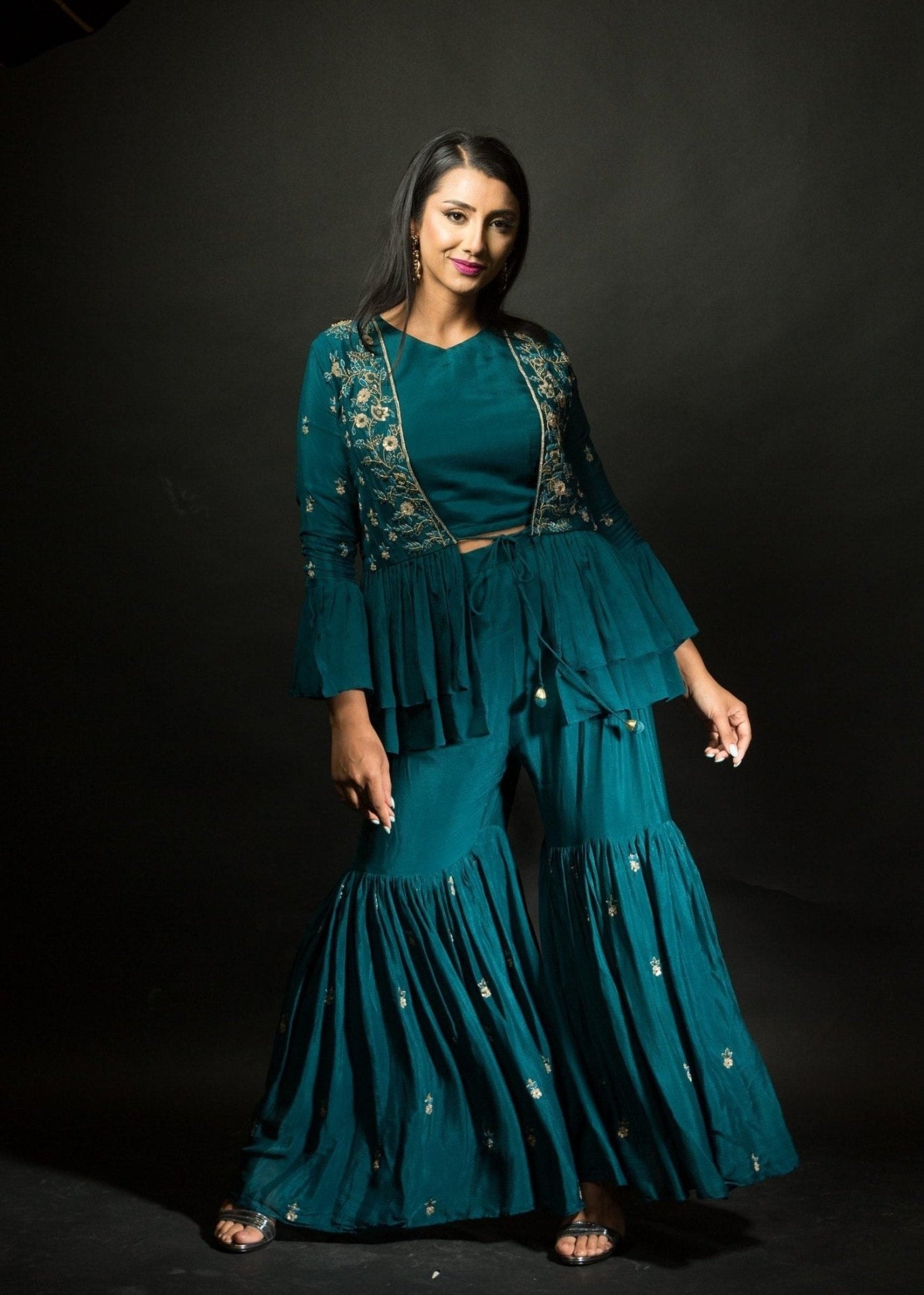 Peacock Blue Embroidered Sharara set with Jacket - Anvi Couture