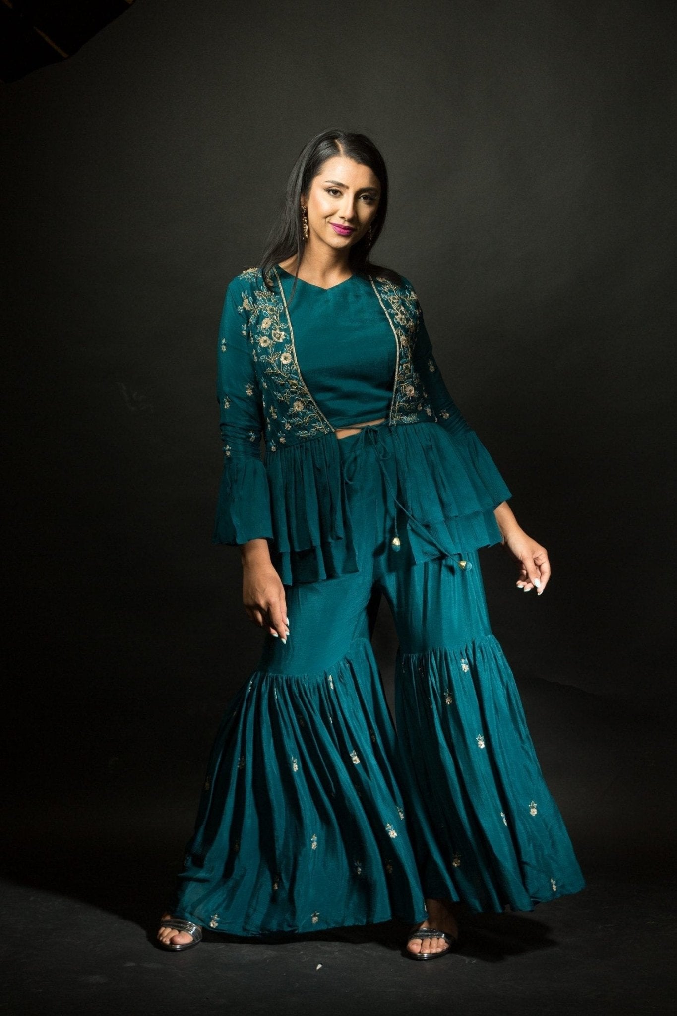 Peacock Blue Embroidered Sharara set with Jacket - Anvi Couture