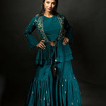 Peacock Blue Embroidered Sharara set with Jacket - Anvi Couture