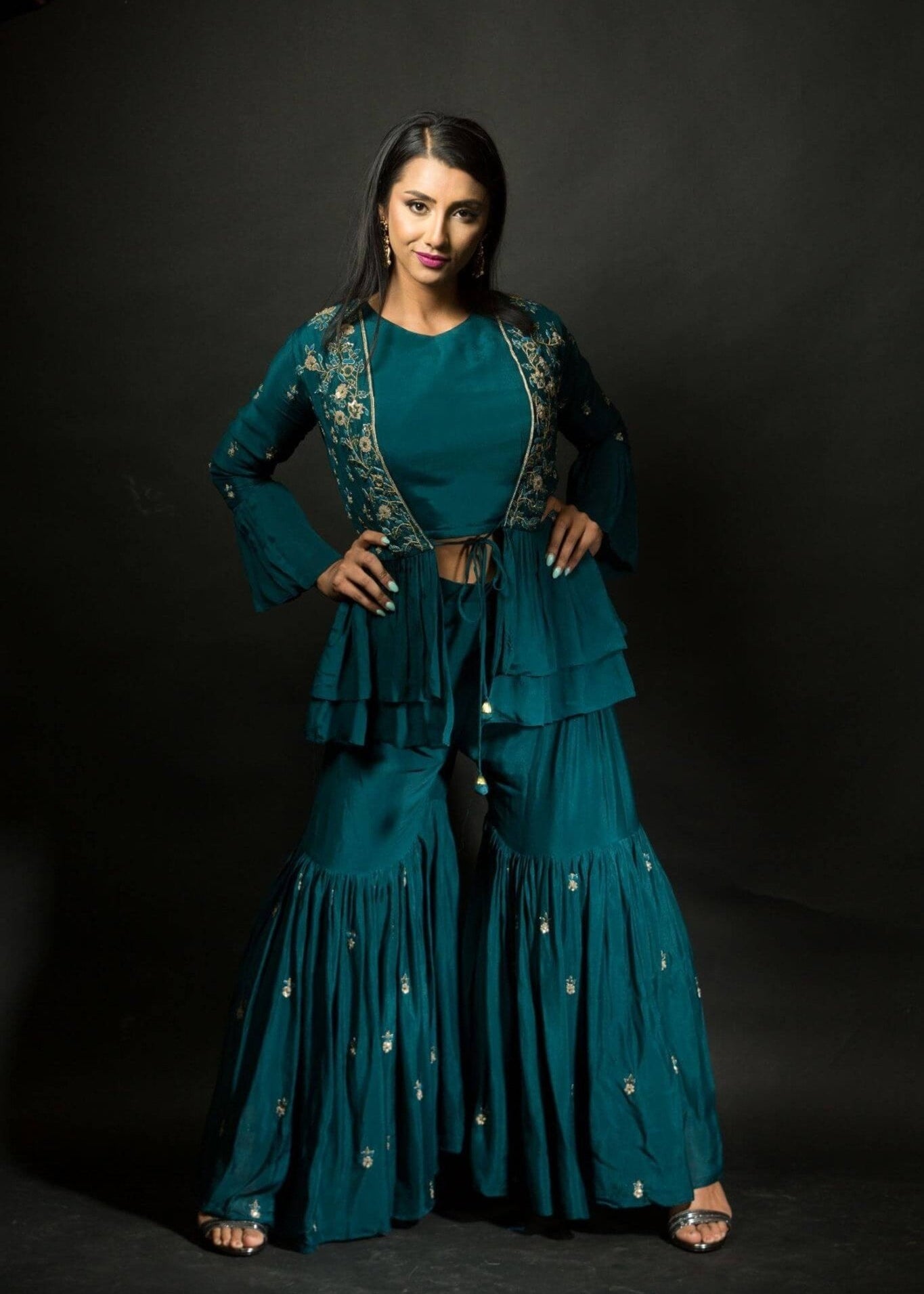 Peacock Blue Embroidered Sharara set with Jacket - Anvi Couture