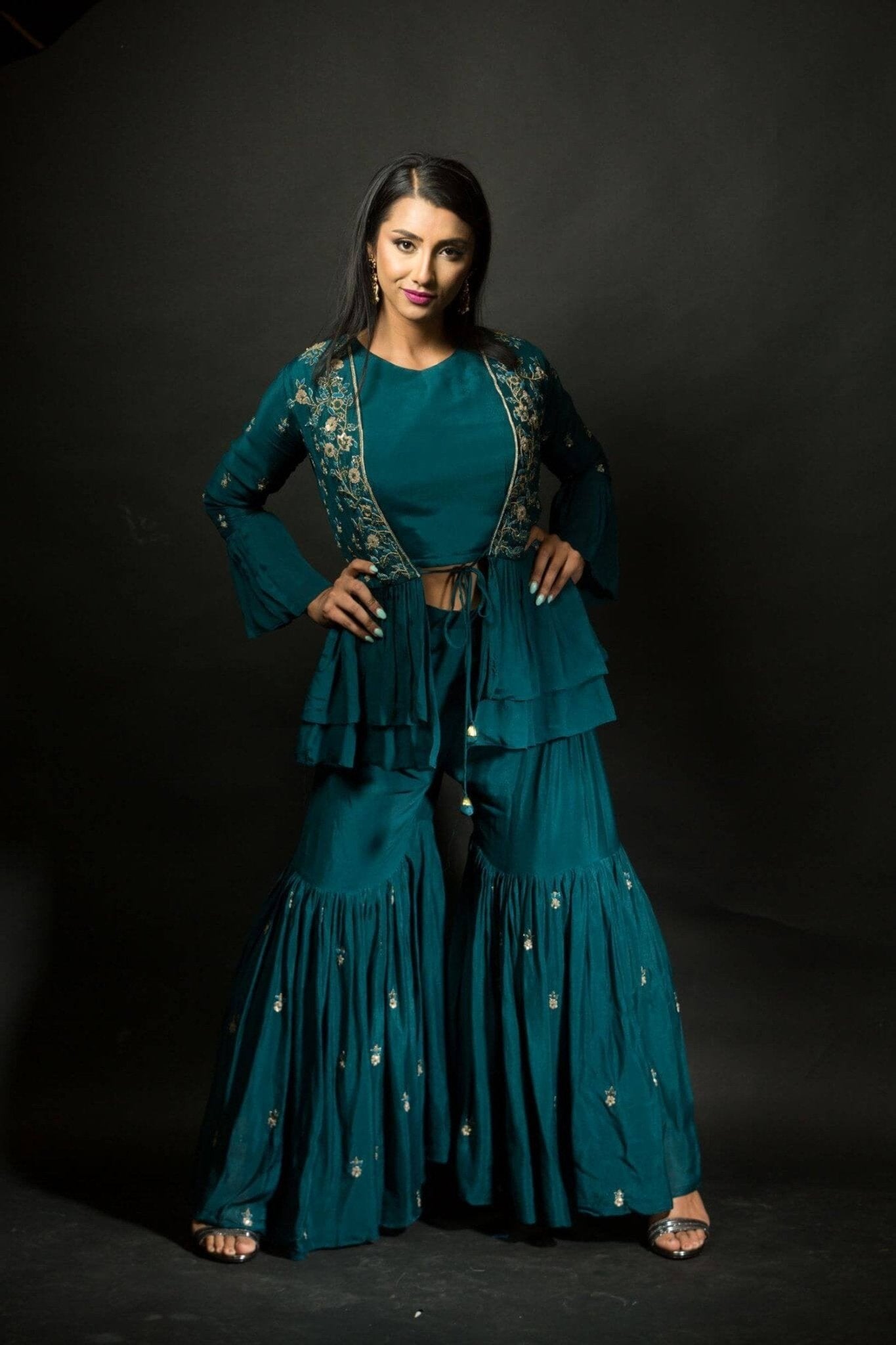 Peacock Blue Embroidered Sharara set with Jacket - Anvi Couture