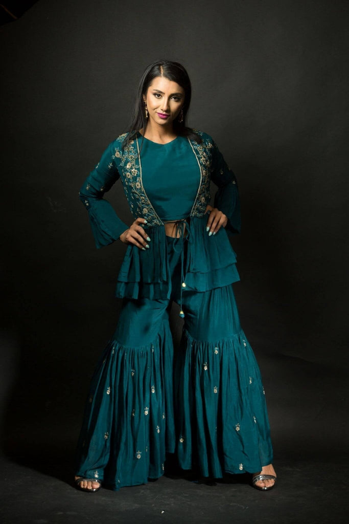Peacock Blue Embroidered Sharara Set with Jacket