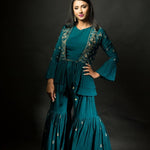 Peacock Blue Embroidered Sharara set with Jacket - Anvi Couture