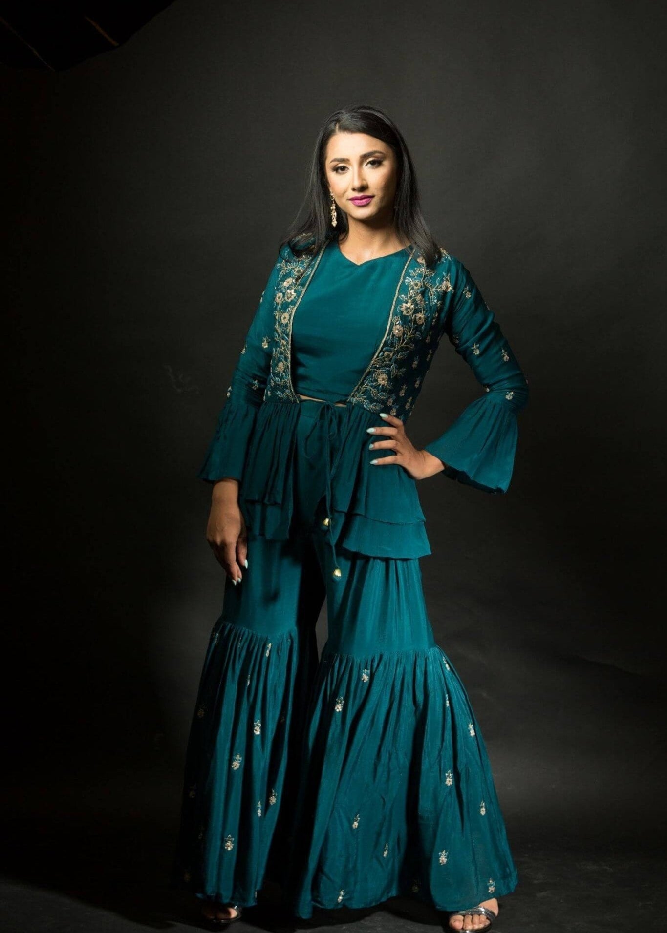 Peacock Blue Embroidered Sharara set with Jacket - Anvi Couture