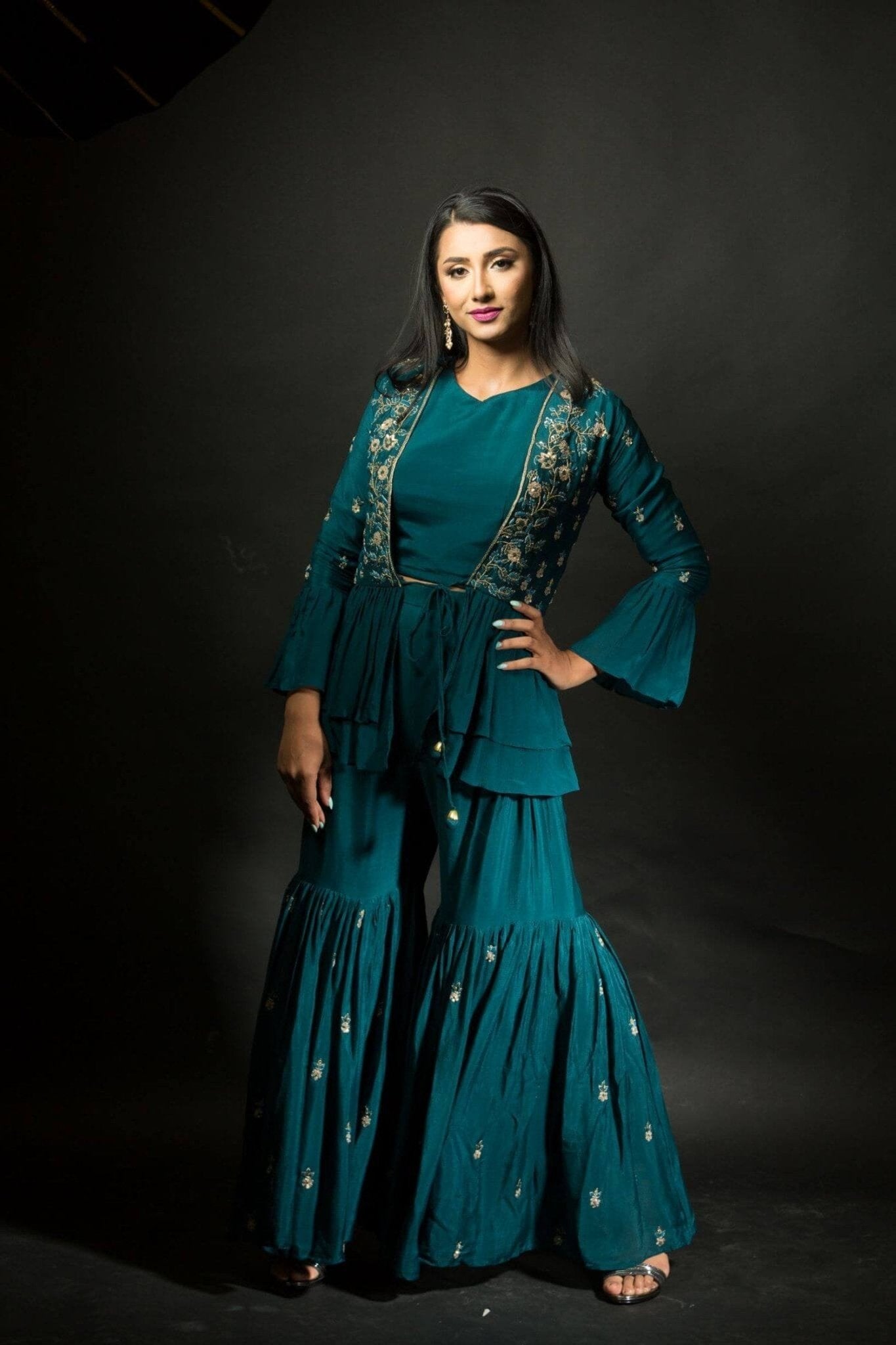 Peacock Blue Embroidered Sharara set with Jacket - Anvi Couture