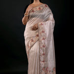 Pearl White Floral Embroidered Tissue Silk Saree - Anvi Couture- Front 1