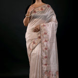 Pearl White Floral Embroidered Tissue Silk Saree - Anvi Couture- Front 1