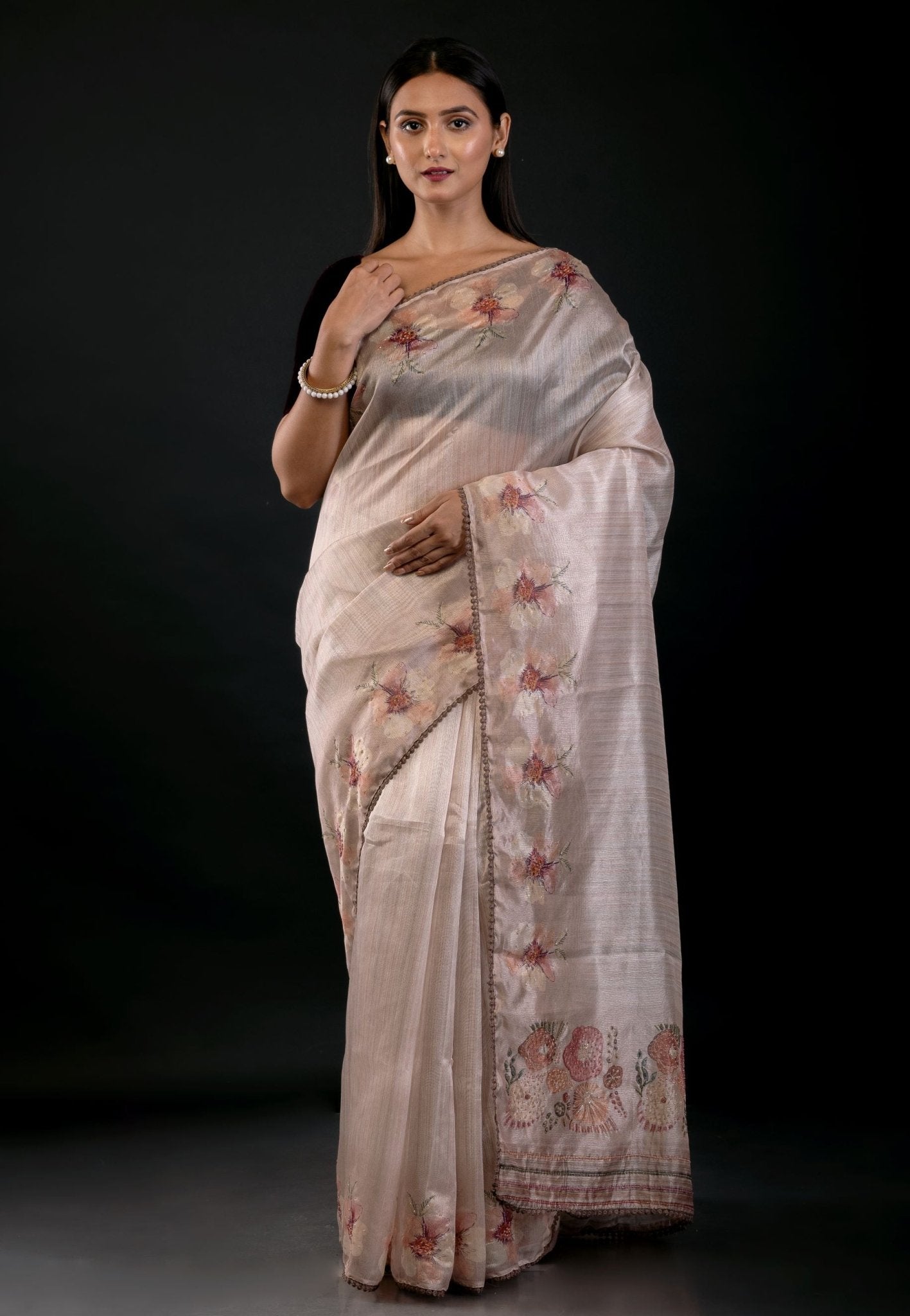 Pearl White Floral Embroidered Tissue Silk Saree - Anvi Couture- Front 1