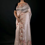 Pearl White Floral Embroidered Tissue Silk Saree - Anvi Couture- Front 2