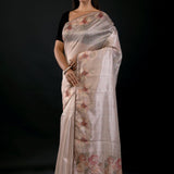 Pearl White Floral Embroidered Tissue Silk Saree - Anvi Couture- Front 2