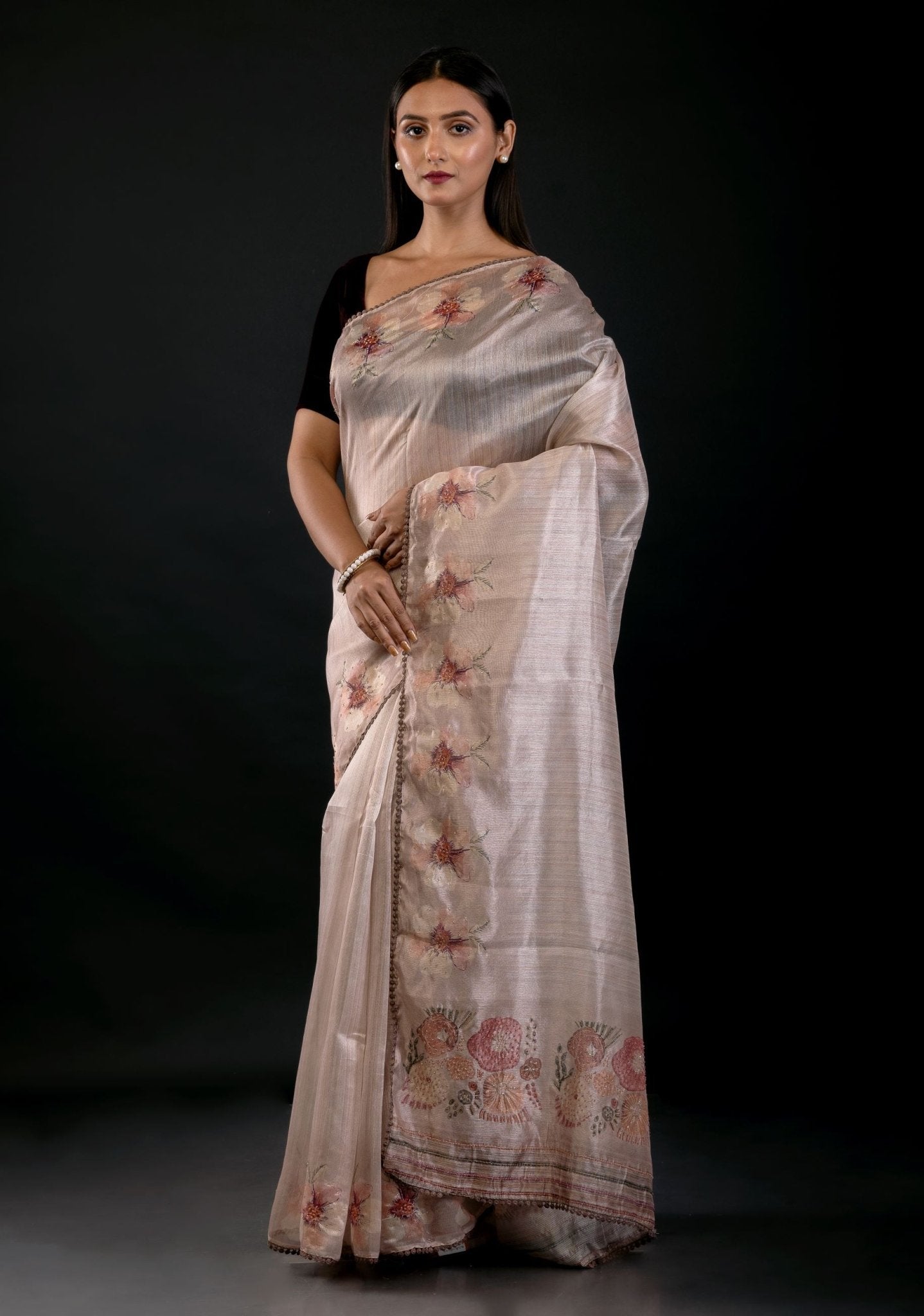 Pearl White Floral Embroidered Tissue Silk Saree - Anvi Couture- Front 2