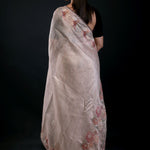 Pearl White Floral Embroidered Tissue Silk Saree - Anvi Couture - Back