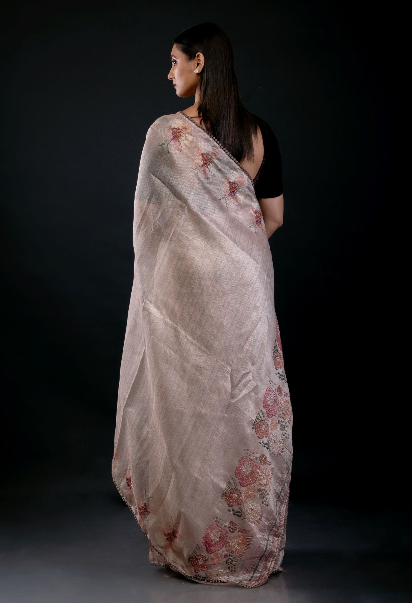 Pearl White Floral Embroidered Tissue Silk Saree - Anvi Couture - Back