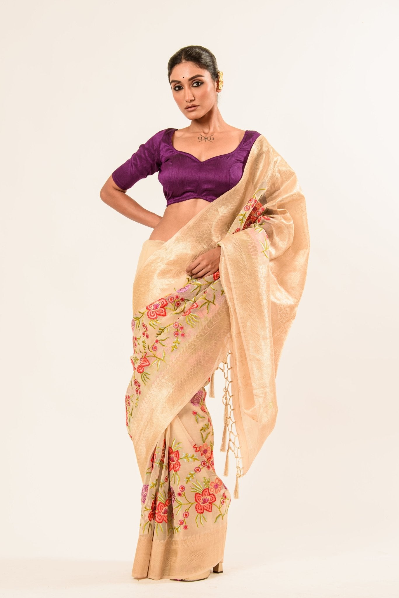 Pearl White Silk Organza Saree in Floral Embroidery work