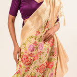 Pearl White Silk Saree in Floral Embroidery work 