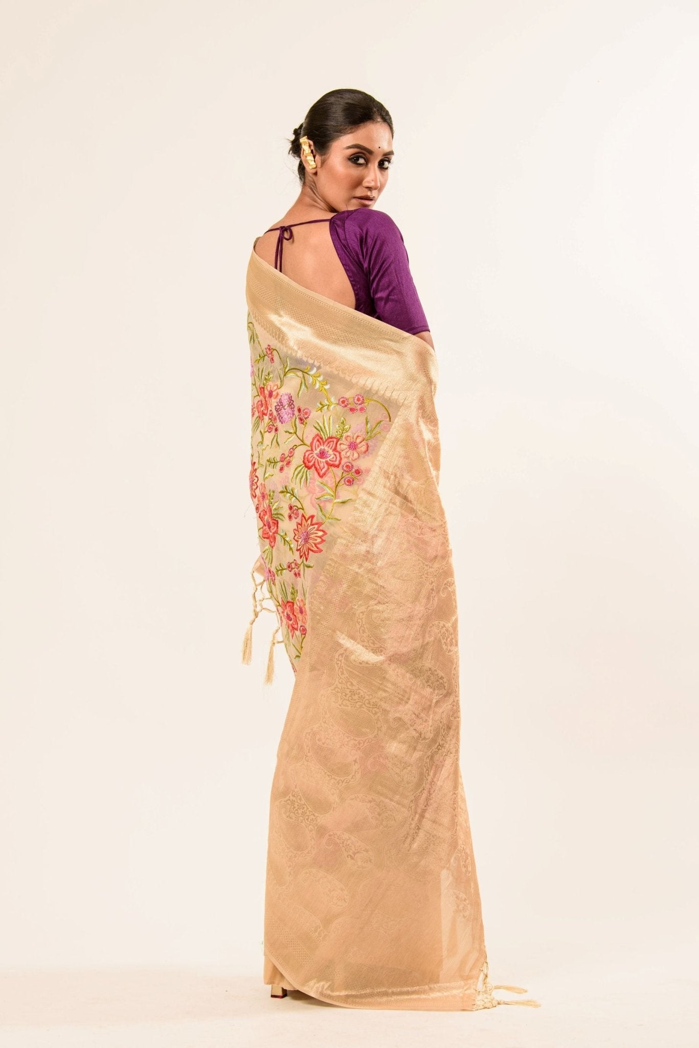 Pearl White Silk Organza Saree in Floral Embroidery work - Anvi Couture