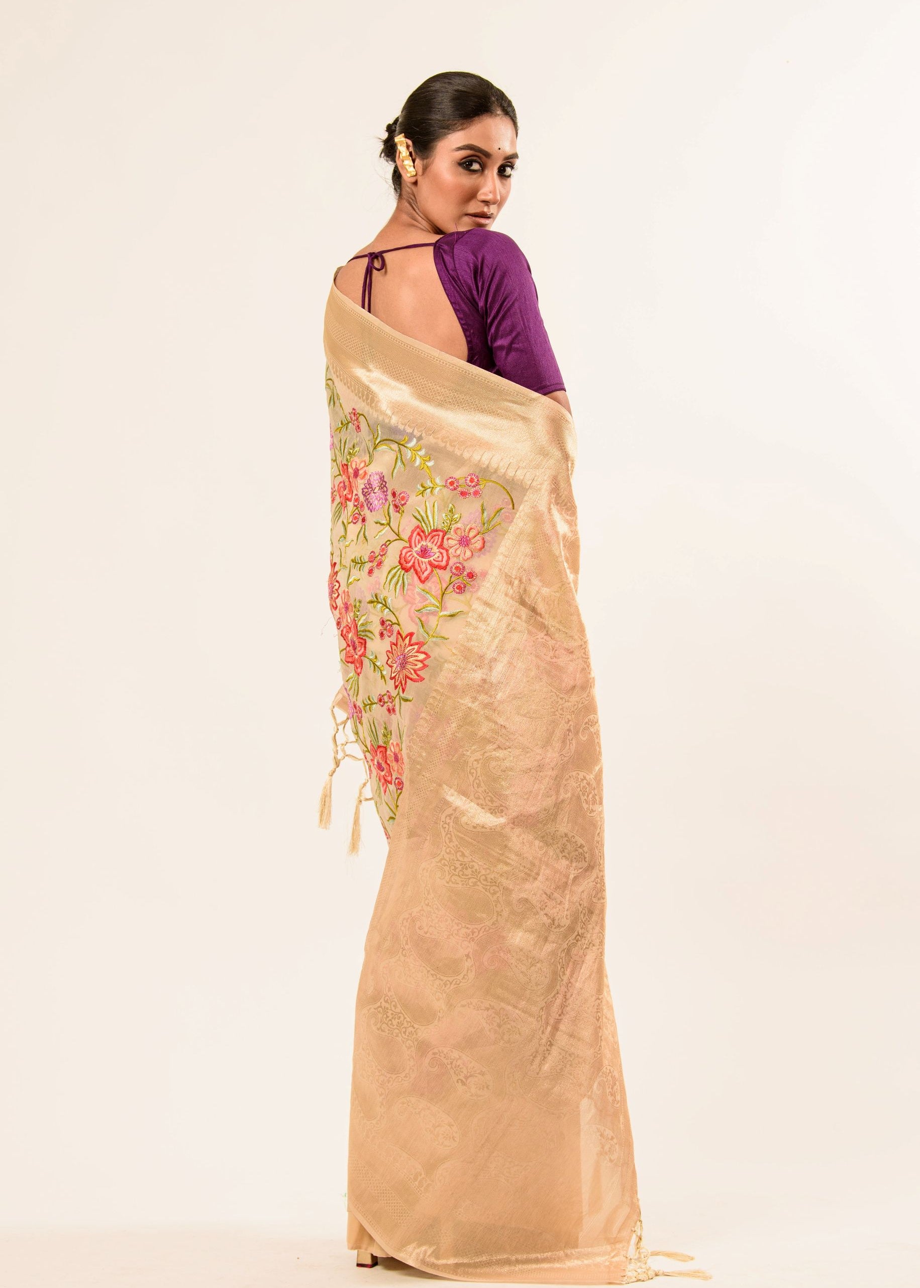 Pearl White Silk Organza Saree in Floral Embroidery work Back
