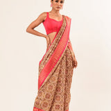 Pearl White and Red Digital Printed Art Silk Saree with Unstitch Blouse