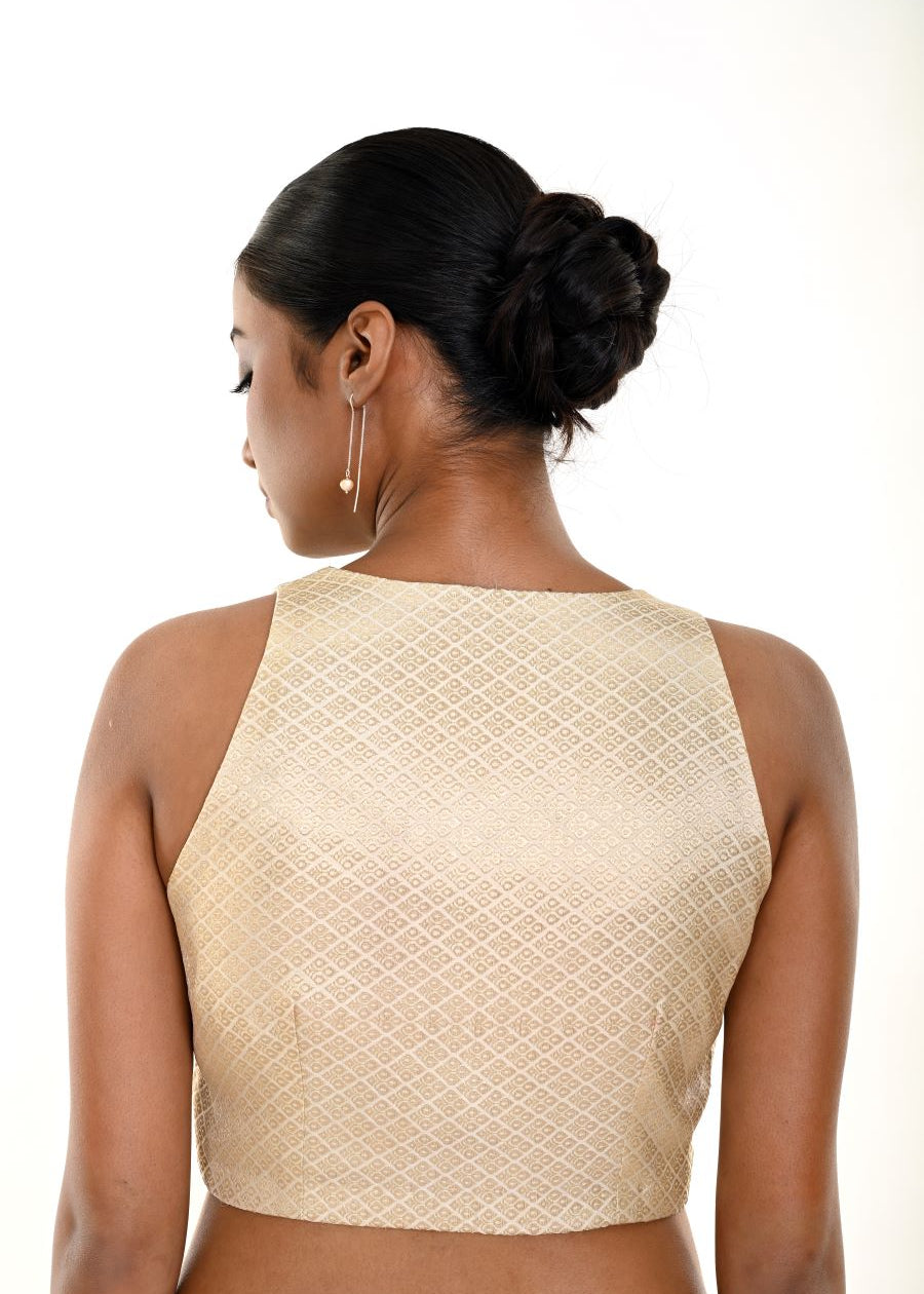 Pearl white brocade blouse — back with boat neckline and hook closure