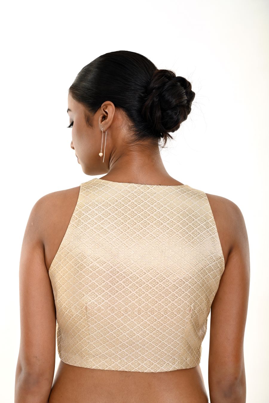 Pearl white brocade blouse — back with boat neckline and hook closure