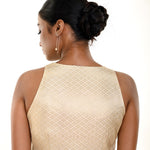Pearl white brocade blouse — back with boat neckline and hook closure